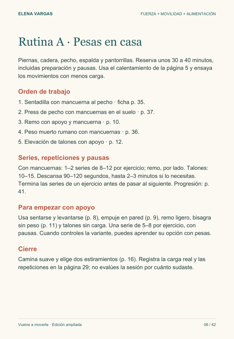 Rutina A de fuerza con mancuernas, series y descansos